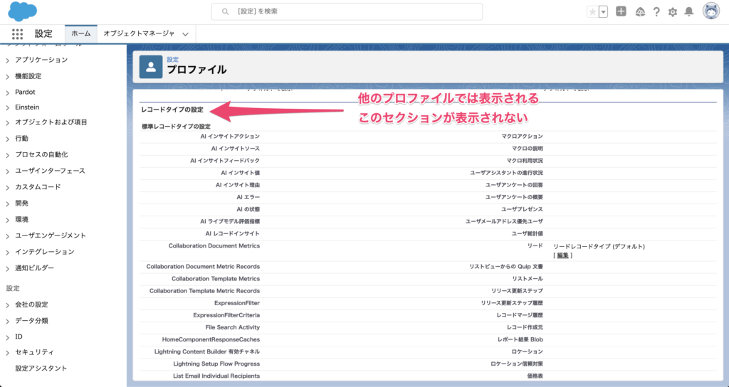 レコードタイプ設定が表示されない