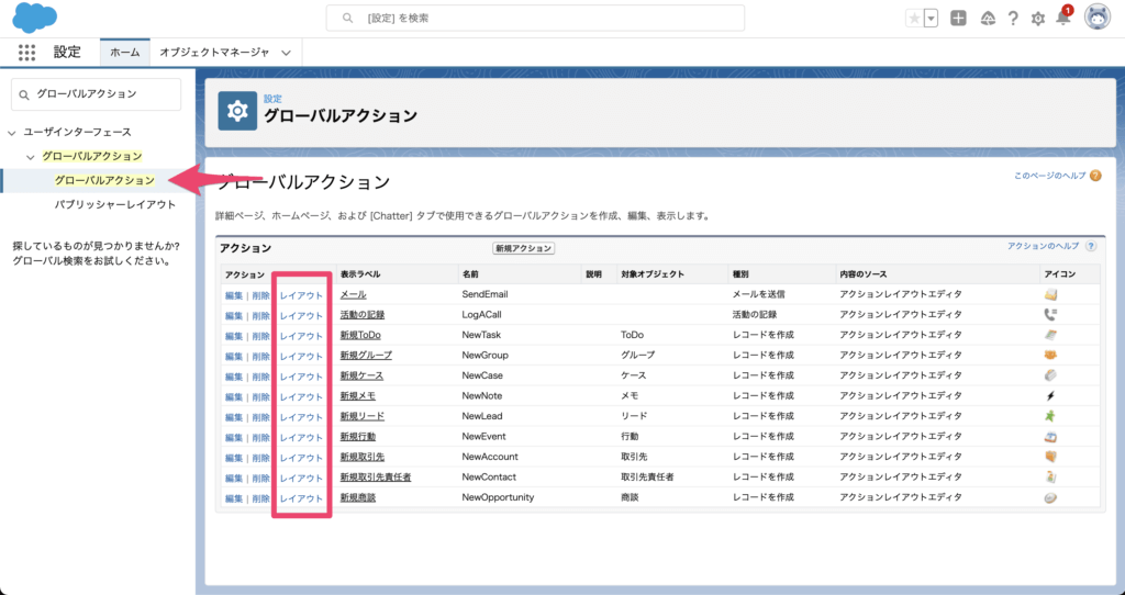 各アクションのレイアウト