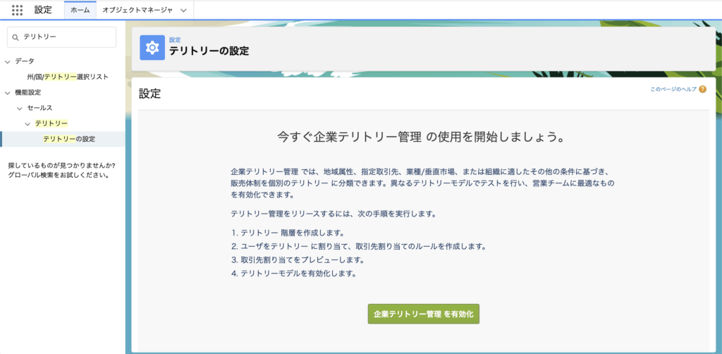エンタープライズテリトリー管理を有効化
