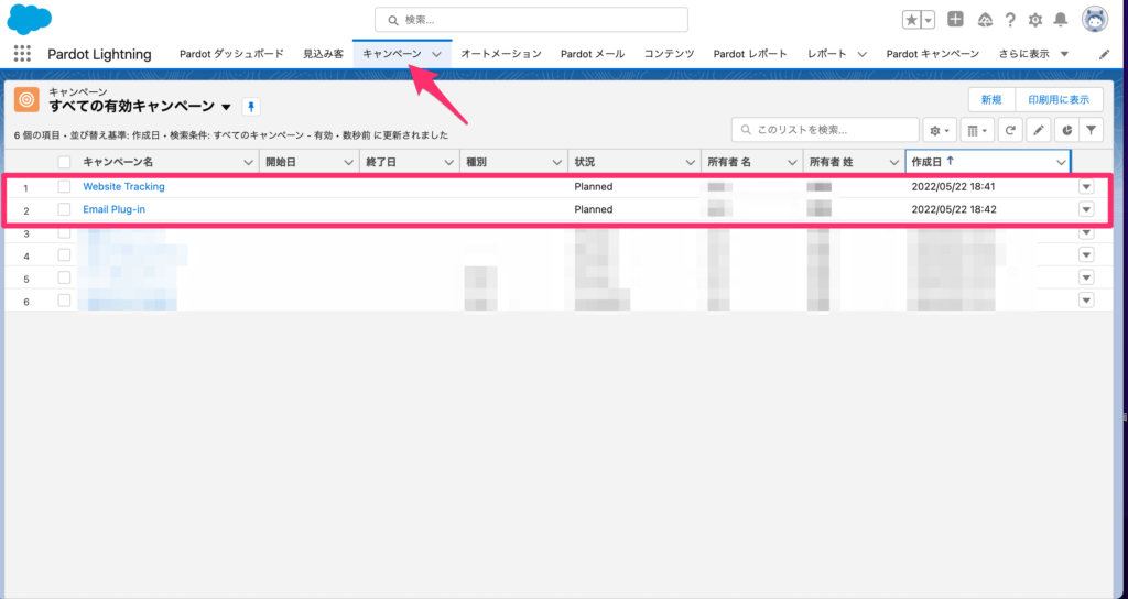 Salesforce側の[キャンペーン]→[新規]から「Website Tracking」「Email Plug-in」