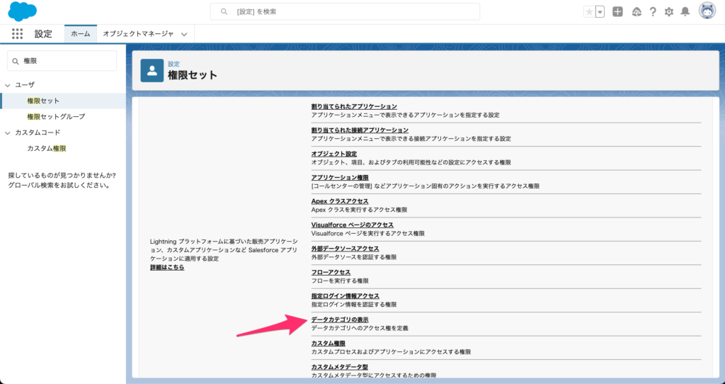 権限セットのデータカテゴリの表示